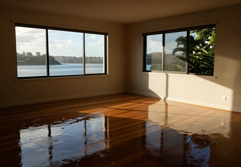 Flooded living room in a Potts Hill home with water covering the carpet